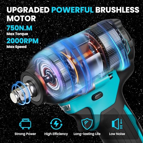Cordless 1/2 Inch Impact Wrench,1000 N.m(740 Ft-lbs) Brushless High Torque Electric Impact Gun, 3000RPM Power Impact Driver, 2X 4.0AH Li-ion Battery,Charger & 6Pcs Sockets for Car Home DIY Furniture - Image 3
