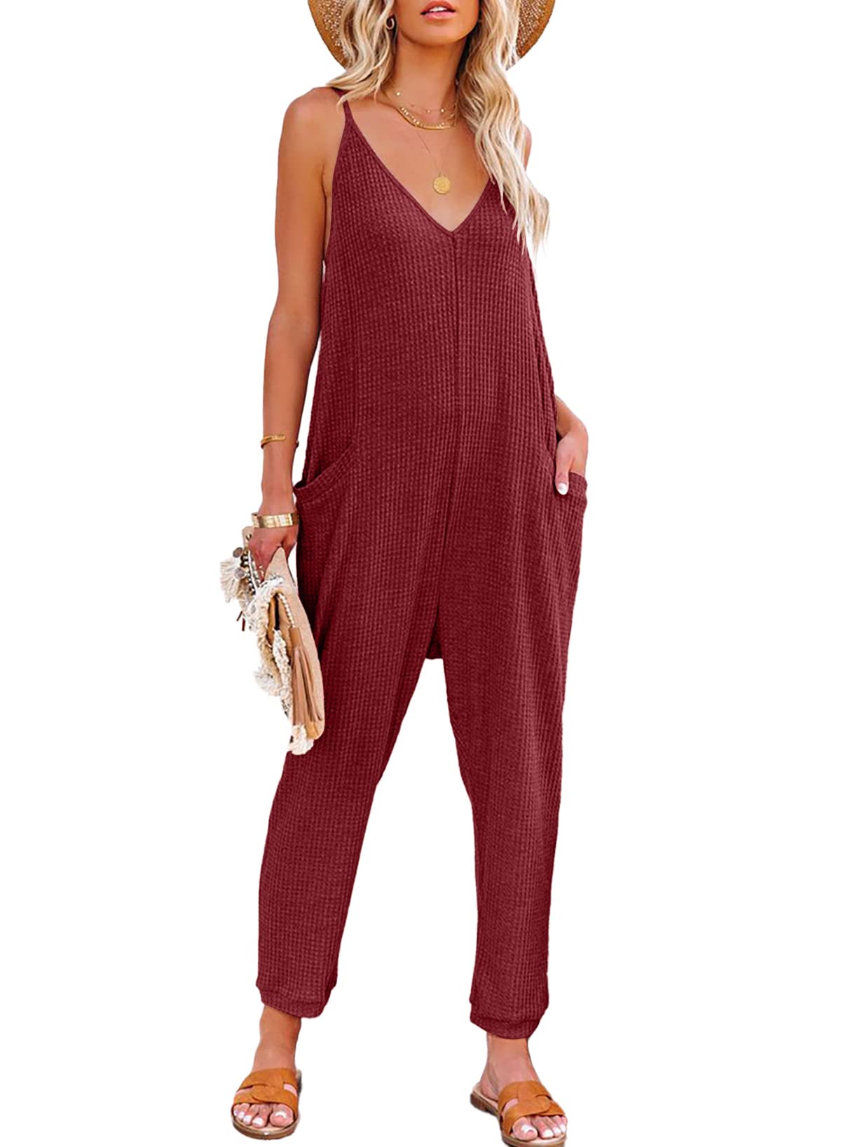 AlvaQJumpsuits for Women Casual Fall Clothes Sleeveless Loose Spaghetti Strap Overalls Jumpers with Pockets 2023