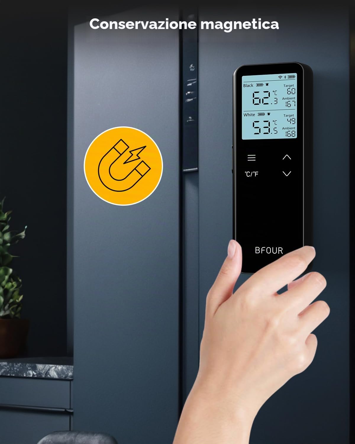BFOUR BF-80 Termometro per carne senza fili con Bluetooth e WLAN, termometro per barbecue con 2 sonde, 6 sensori, IP67 impermeabile, pulsante touch, controllo tramite APP, termometro per arrosti per