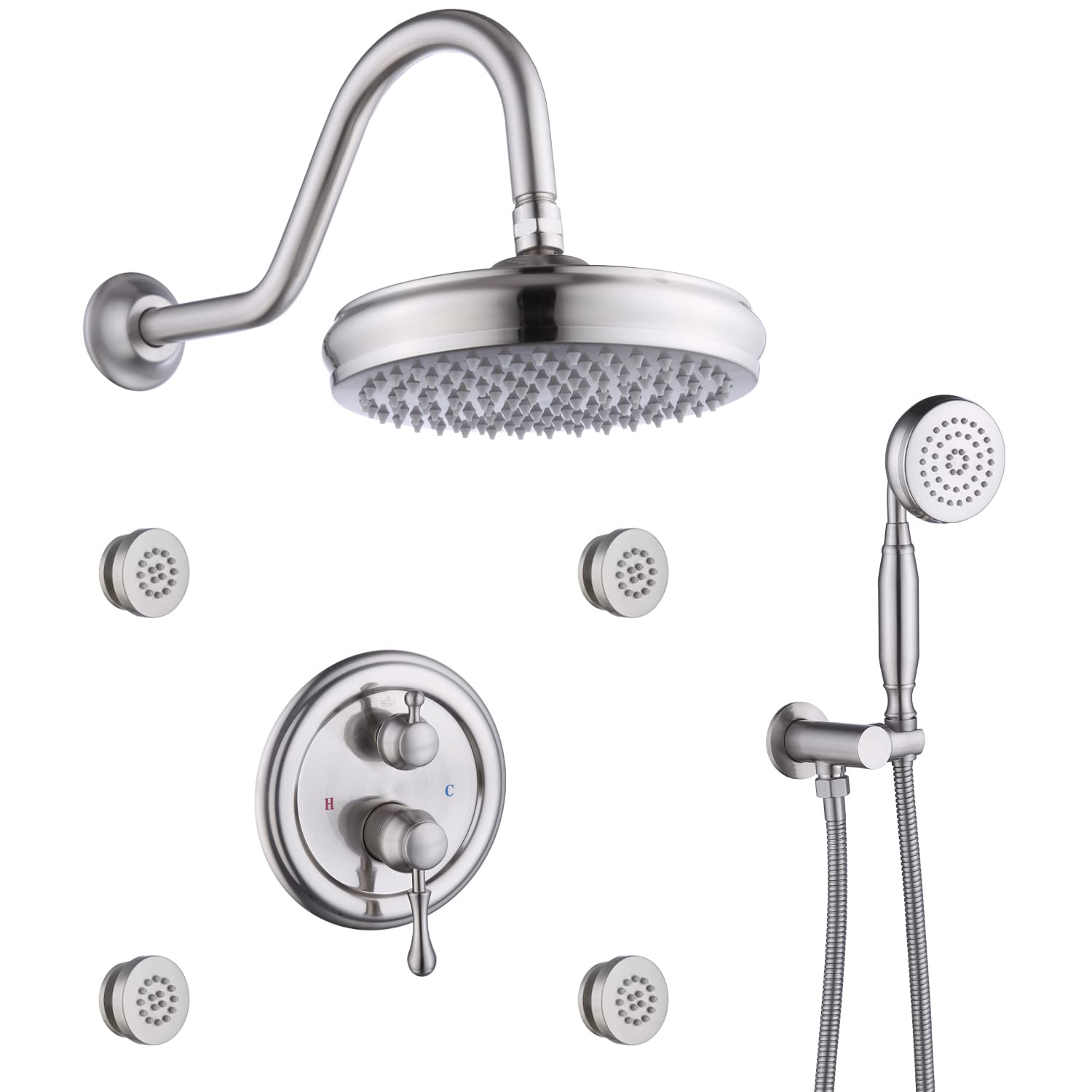 EngaAntique Shower Fixtures, Full Body Jets Shower System, 8inch Vintage Shower Head with Handheld and Body Jets, Brushed Nickel Shower Faucets Sets Complete