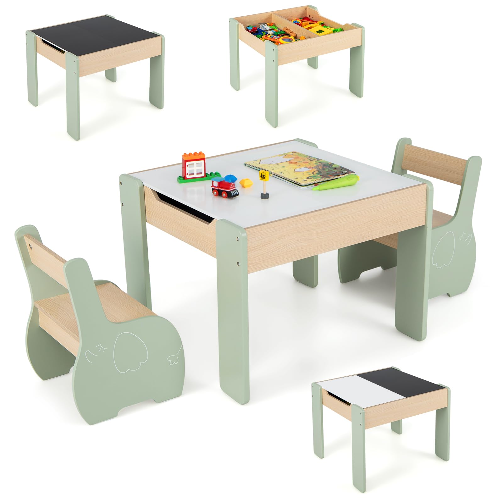 LIFEZEAL 3 in 1 Tavolo per Bambini con 2 Sedie, Tavolino e Sedie per Bambini in Legno, Tavolino Bimbi con Contenitore, Lavagne Bianco e Nero per Disegnare, tavolino bambini per cameretta (verde)