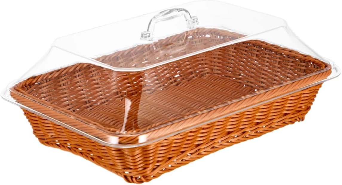 Hand-woven Rattan Bread Basket with Lid, Multipurpose Fruit and Snack Storage Basket 40x30x15cm, Tabletop Food Serving Organizer for Kitchen and Outdoor Picnic