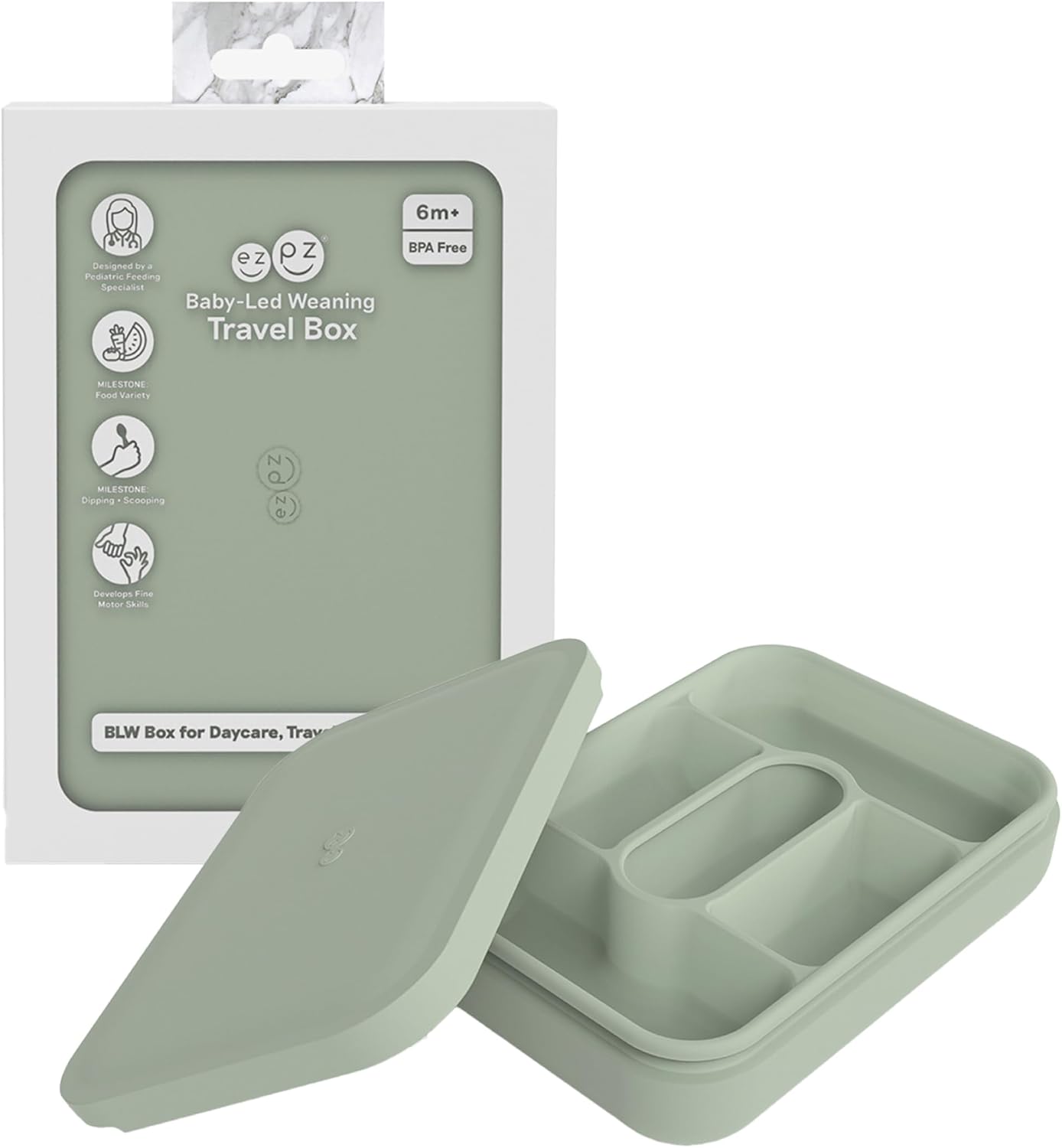 ezpz Baby-Led Weaning Box (Sage) - 6 Months+ - 100% Silicone Lunch Box for Mealtime + Travel - All-in-one Feeding + Storage System - Supports BLW Tools - Baby Feeding Essentials