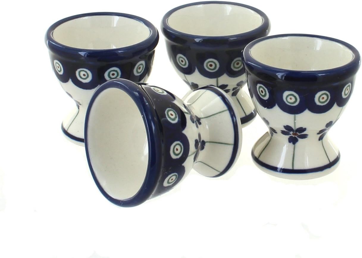 Blue Rose Polish Pottery Flowering Peacock Egg Cup Set