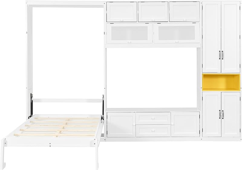 SOFTSEA Twin Size Murphy Bed with Wall Unit TV Stand, Foldable Wall Bed Frame with 2 Drawers, Shelves & Display Cabinets, Space-Saving Hideaway Cabinet Bed for Small Space, White image 5