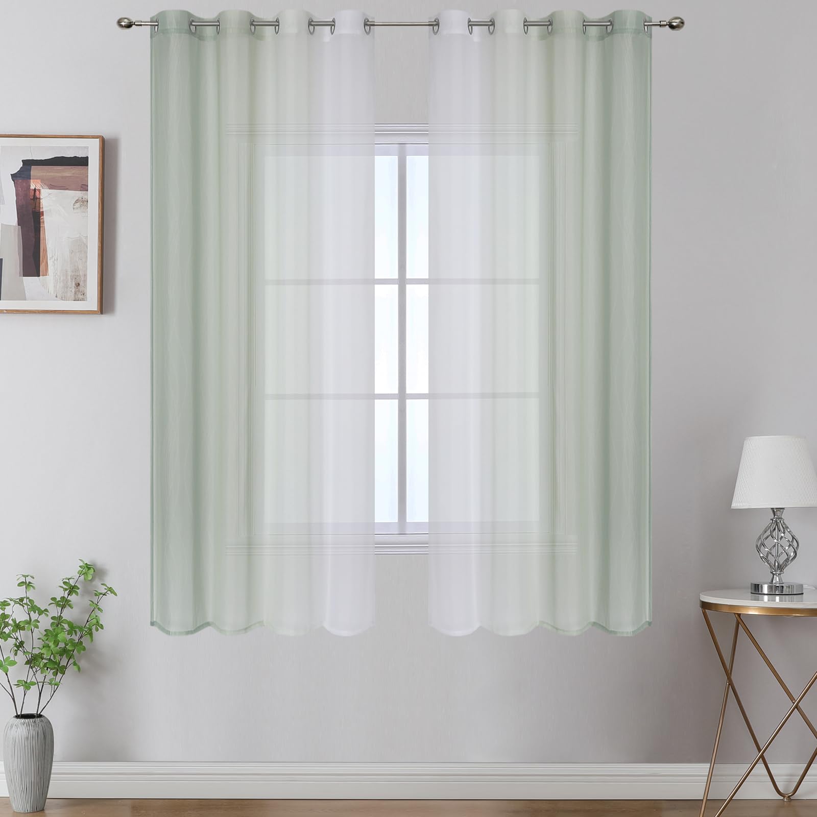 VEHEDE Gradient Sheer Curtains Window Bedroom Curtains 63 inches Drop, Light Filtering & Eyelet Ombre Drapes Panels for Living Room, Sage and Greyish White, W52 x L63 Inch 2 Panels