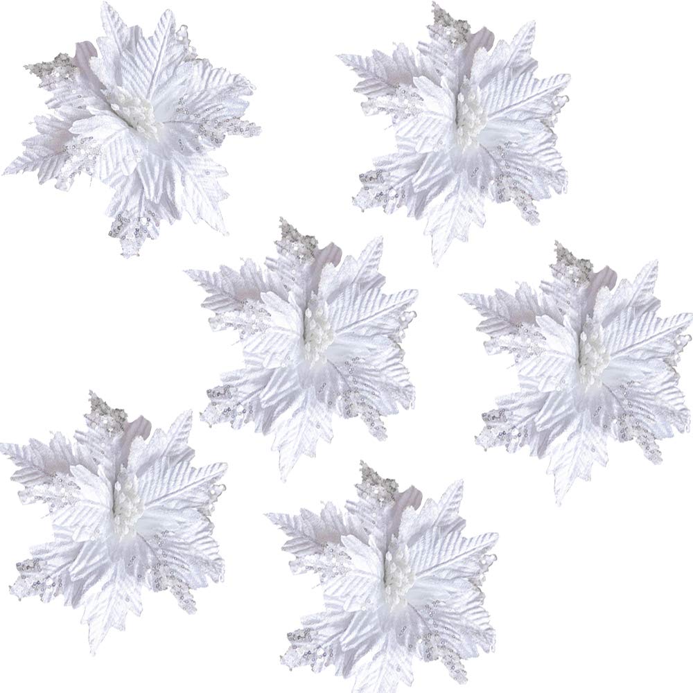Paquete de 6 púas de flores de Pascua con purpurina, 9.8 pulgadas de terciopelo artificial con purpurina de Pascua, adornos de flores de Navidad, decoraciones for árboles de Navidad for fiestas navide
