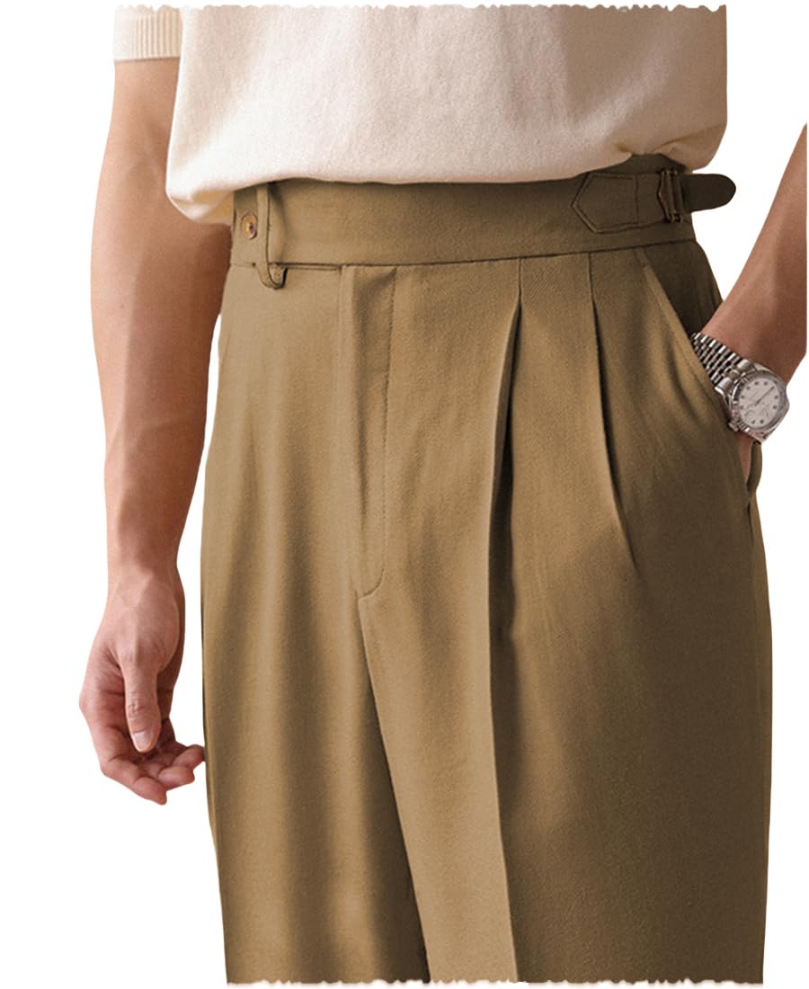 Men's Cotton Gurkha Naples Dress Pants Slim Fit Suit Pant Classic Casual Trousers Italian Style Pants