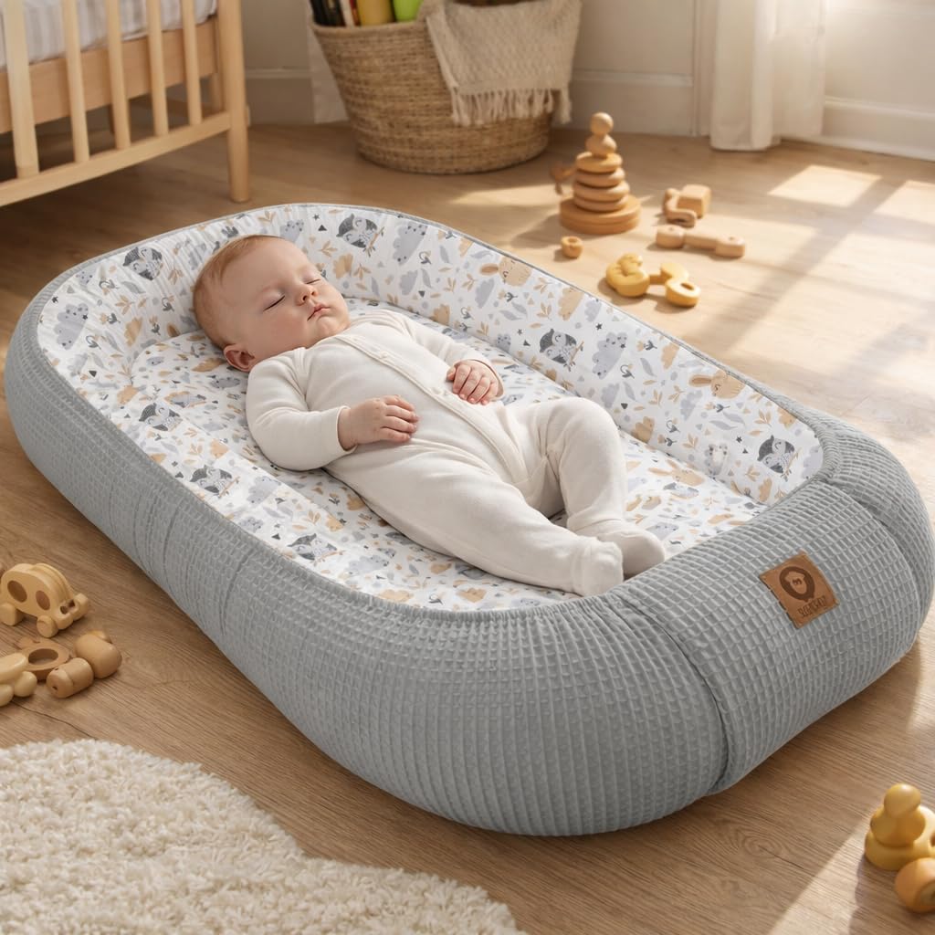 Babynestchen Neugeborene – Nestchen Baby aus Waffel Baumwolle & Baumwollstoff – Babynest für Babybett & Kinderbett – Baby Kokon Tragbar – OEKO-TEX zertifiziert – Zubehör für Babybett - Eulen und Grau