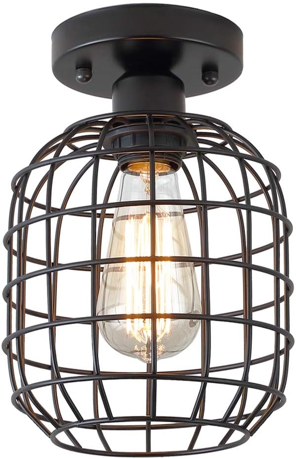 KOONTING Industrial Semi Flush Mount Ceiling Light, Metal Cage Pendant Lighting Lamp Fixture for Hallway Stairway Porch Bedroom Kitchen, Use 1 E26 Bulb, Black.
