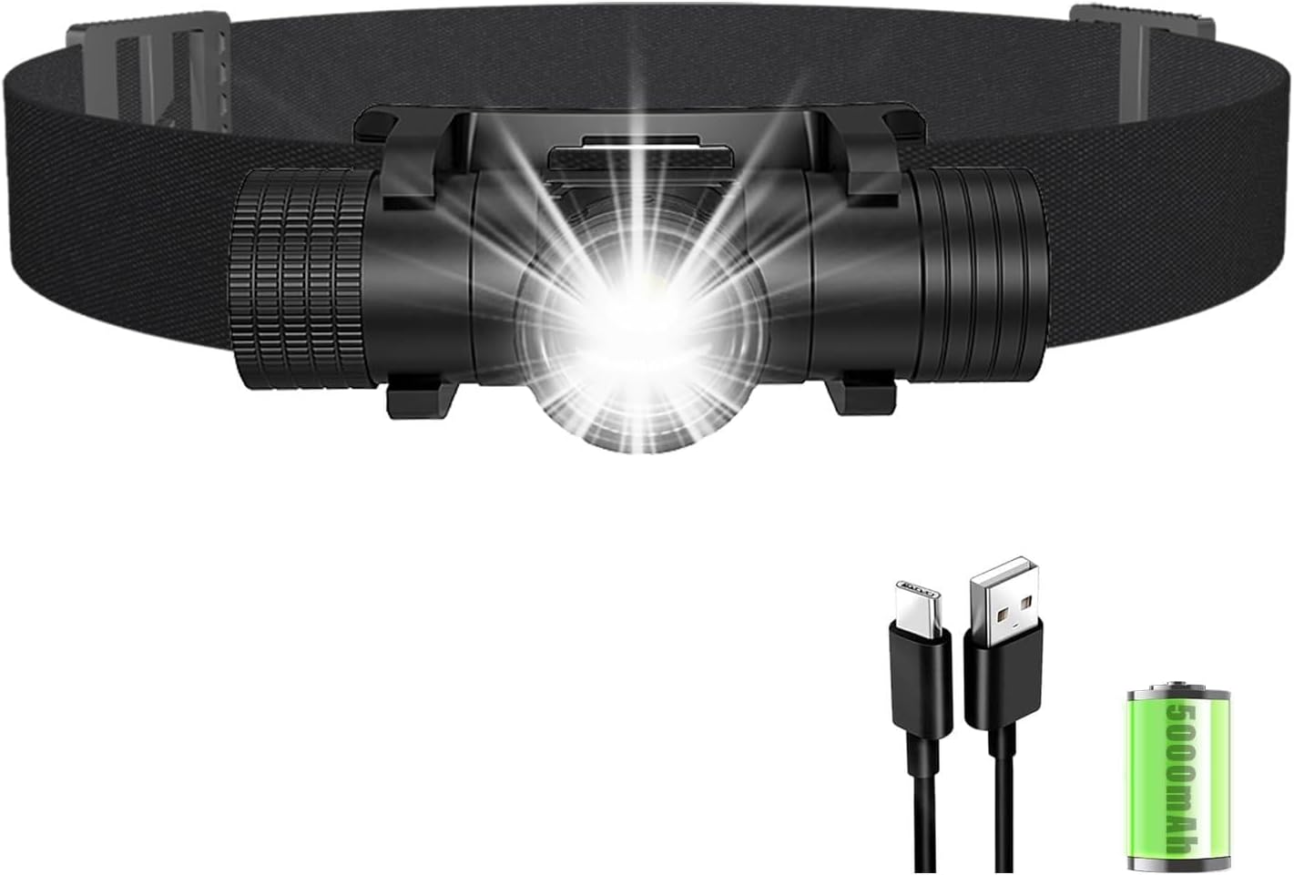 Headlamp Rechargeable 5000mAh Hard Hat Light,2700LM Forehead LED Flashlight Lightweight,Adjustable Zoom, IPX4 Waterproof for Camping, Running, Work, Hiking, Fishing