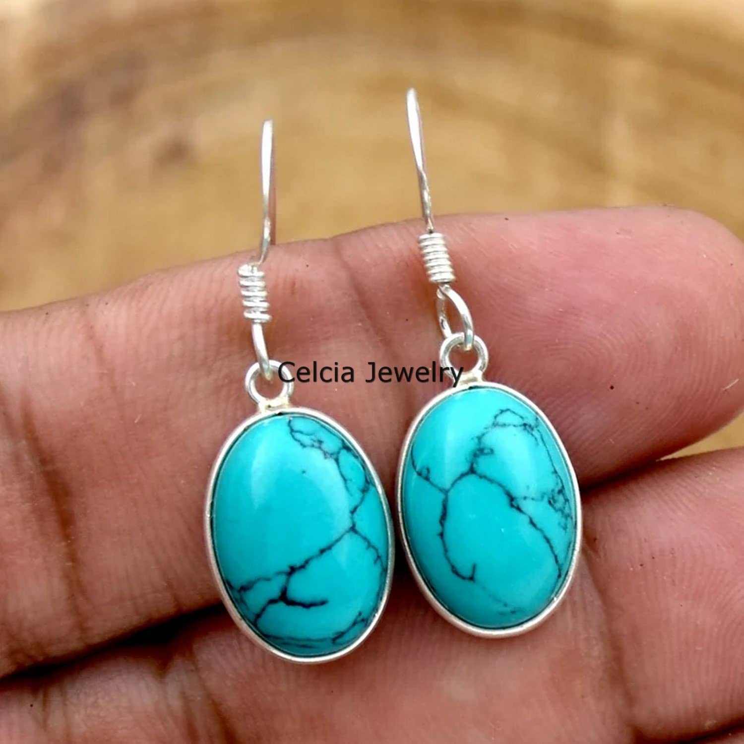 Pendientes colgantes de plata de ley 925 auténtica para mujer, cabujón de turquesa azul natural, piedras preciosas ovaladas, pendientes únicos de piedra natal de diciembre