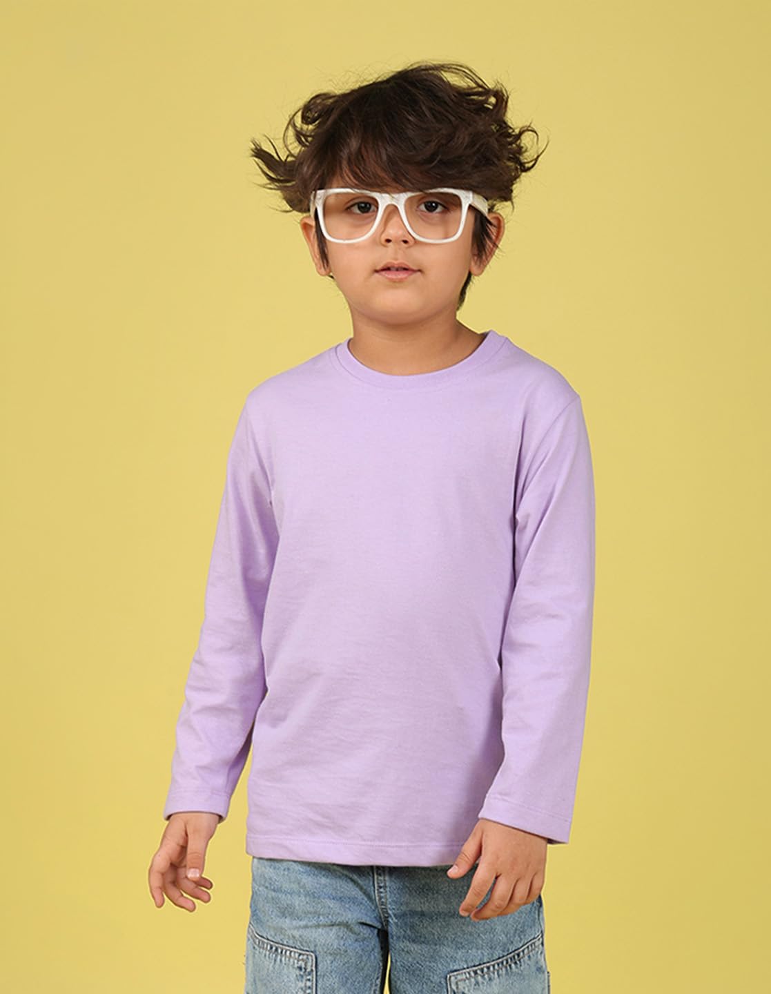 Nusyl Boys Solid Cotton T-Shirt | Round Neck | Full Sleeves | Plain-Regular Fit | Lilac - Image 6 thumbnail