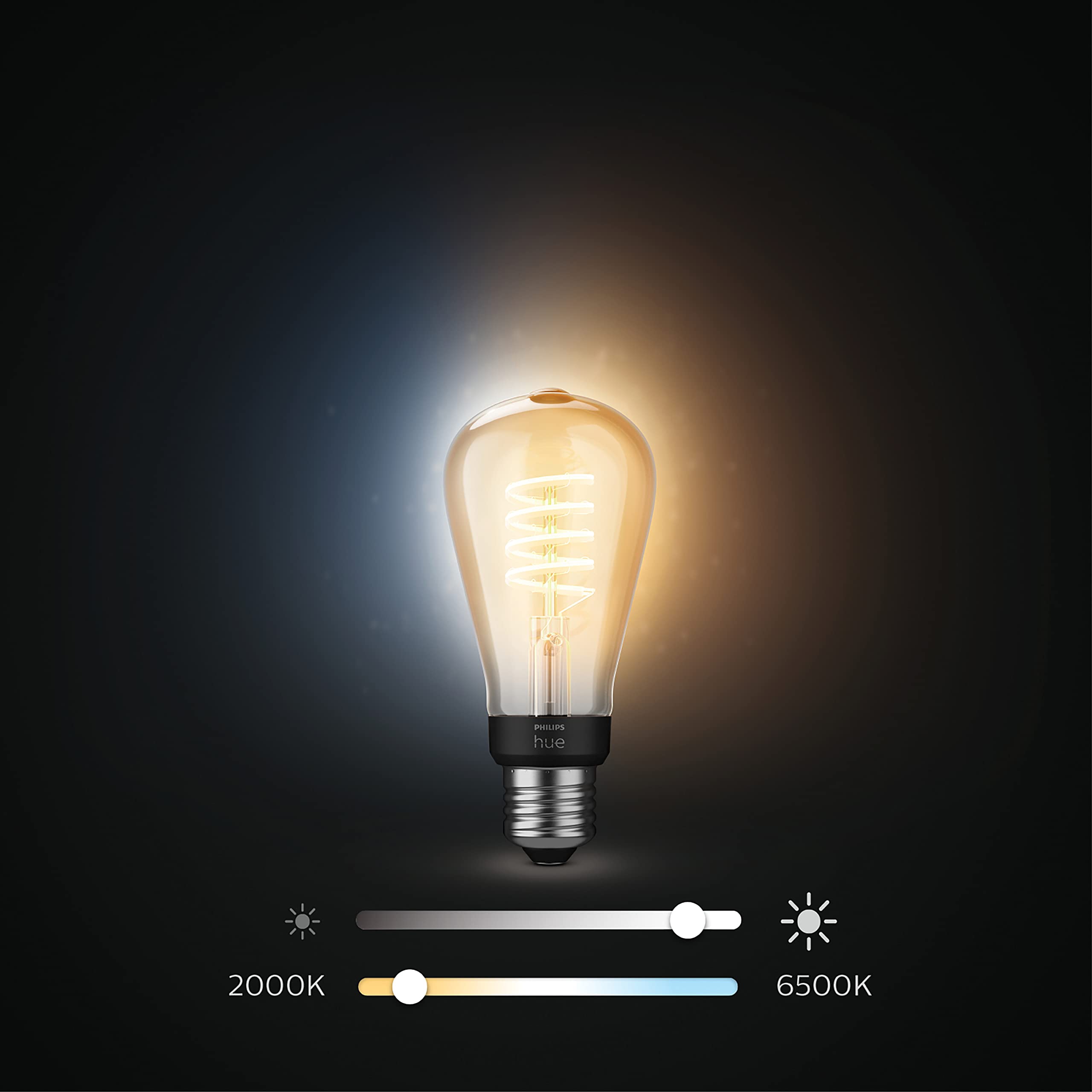 Philips Hue Starterpaket - E27 - mit 3 Filament Lampen Mix - Warm bis Kaltweißes Licht - inkl. 1 Hue Bridge, 1 Hue Dimmschalter - Hue White Ambiance Filament