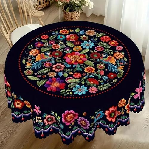 Mexican Folk Art Floral Tablecloth, Navy Blue with Colorful Embroidered