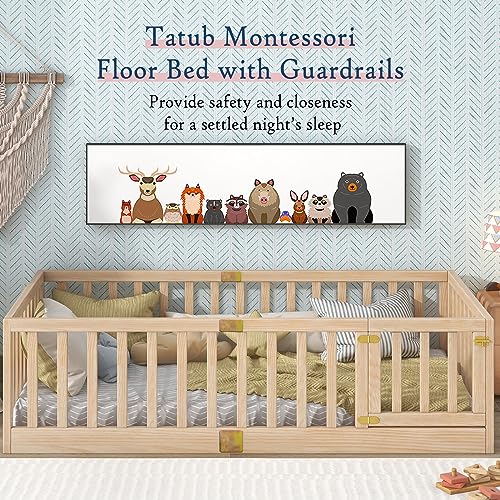 Tatub Twin Montessori Floor Bed with High Rails, Solid Wood Montessori Bed Frame for Kids, Door Can Install Left and Right, Twin-Nature - Image 3