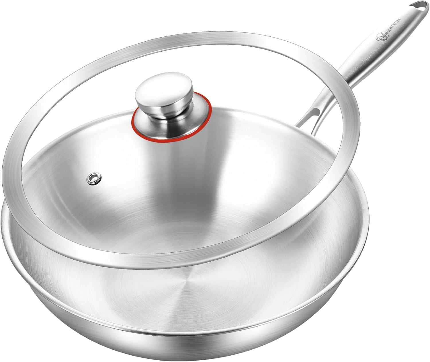 12.5 Inch Tri-Ply Stainless Steel Wok Pan with Lid,Induction Stir-Fry Pan,Dishwasher and Oven Safe,Heavy Duty and Detachable Handle