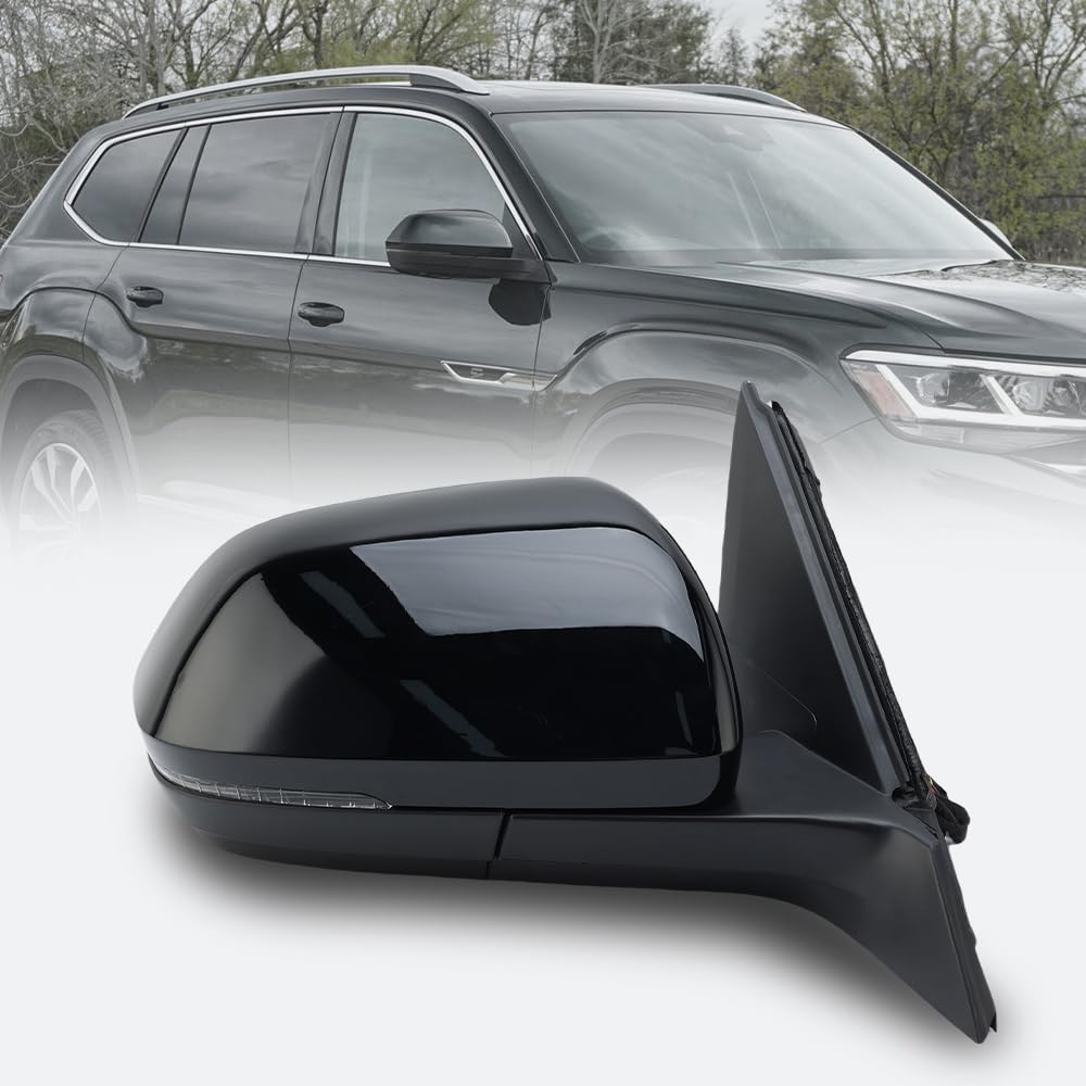 Right Black Side Door Mirror Assembly For VW Volkswagen Atlas 2018-2021 Heated Manual Fold W/Blind Spot Detection Turn Signal Lamp Passenger Side 6+2