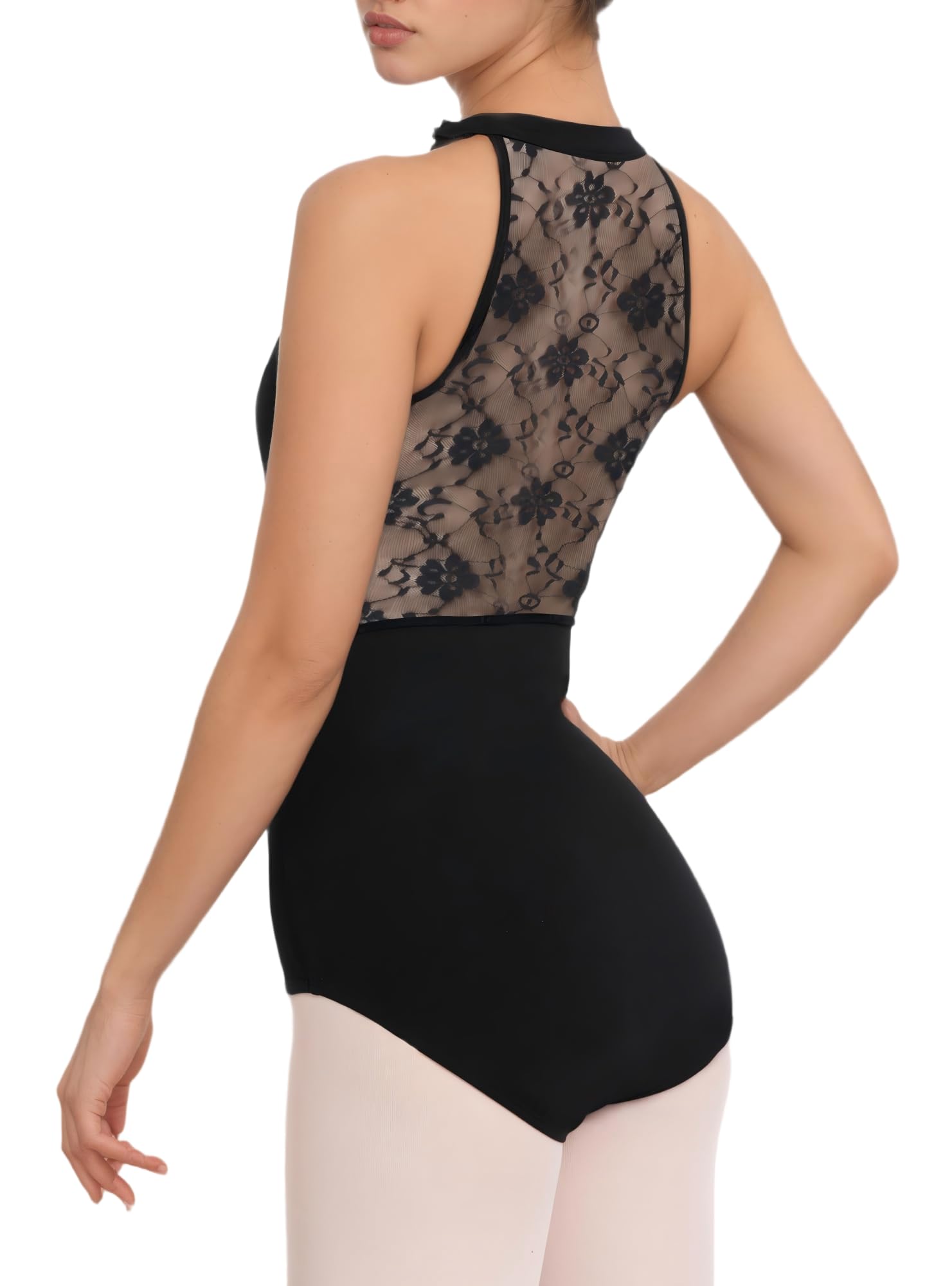 DANSHOW schwarzes Neckholder Ballett-Trikot Spitzen-Mesh-Rücken Damen | Neckholder-Schnitt,Rückenteil mit floraler Spitze & Mesh,Taschen für herausnehmbare BH-Einlagen,durchgehendes Vorderfutter