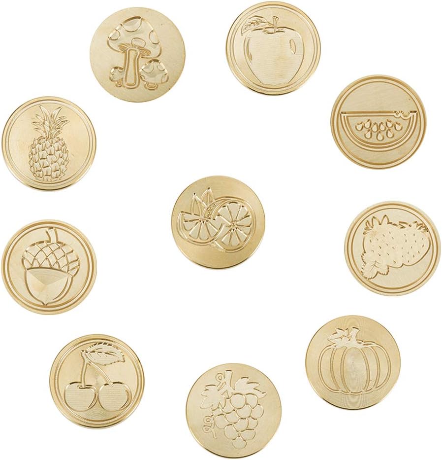 CRASPIRE Wax Seal Stamp Set, 10PCS Sealing Wax Stamps Brass Heads Fruit Vegetable Theme 2PCS Wood Handle Retro Brass Stamp Kit 25mm Removable for Letter Envelope Invitation Wedding Embellishment Gift