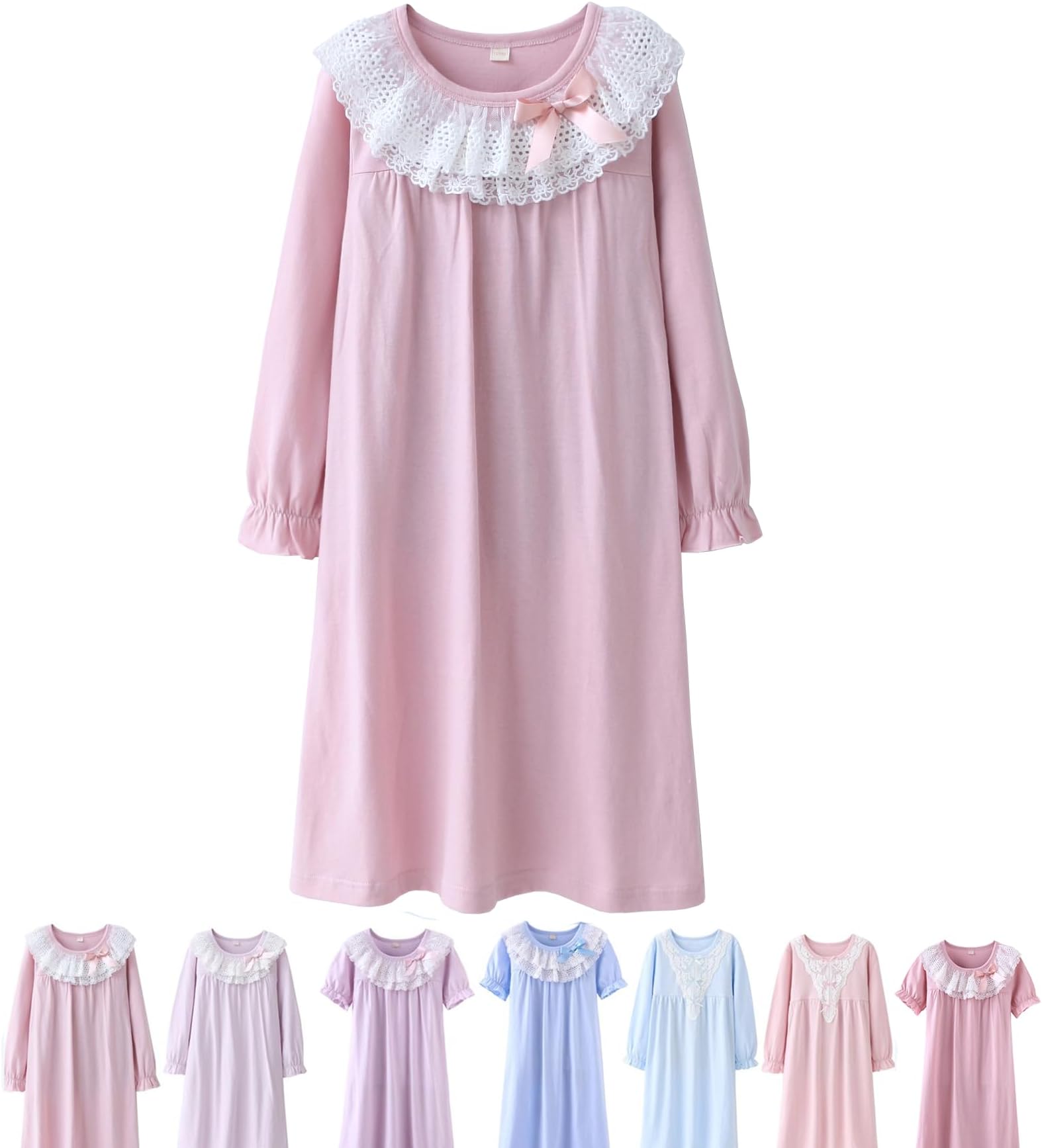 ABALACOCO Cotton Nightgown for Girls Short Long Sleeve Pajamas Dress Princess Kids Toddlers Pretty Lace Loose Sleepwear Dress