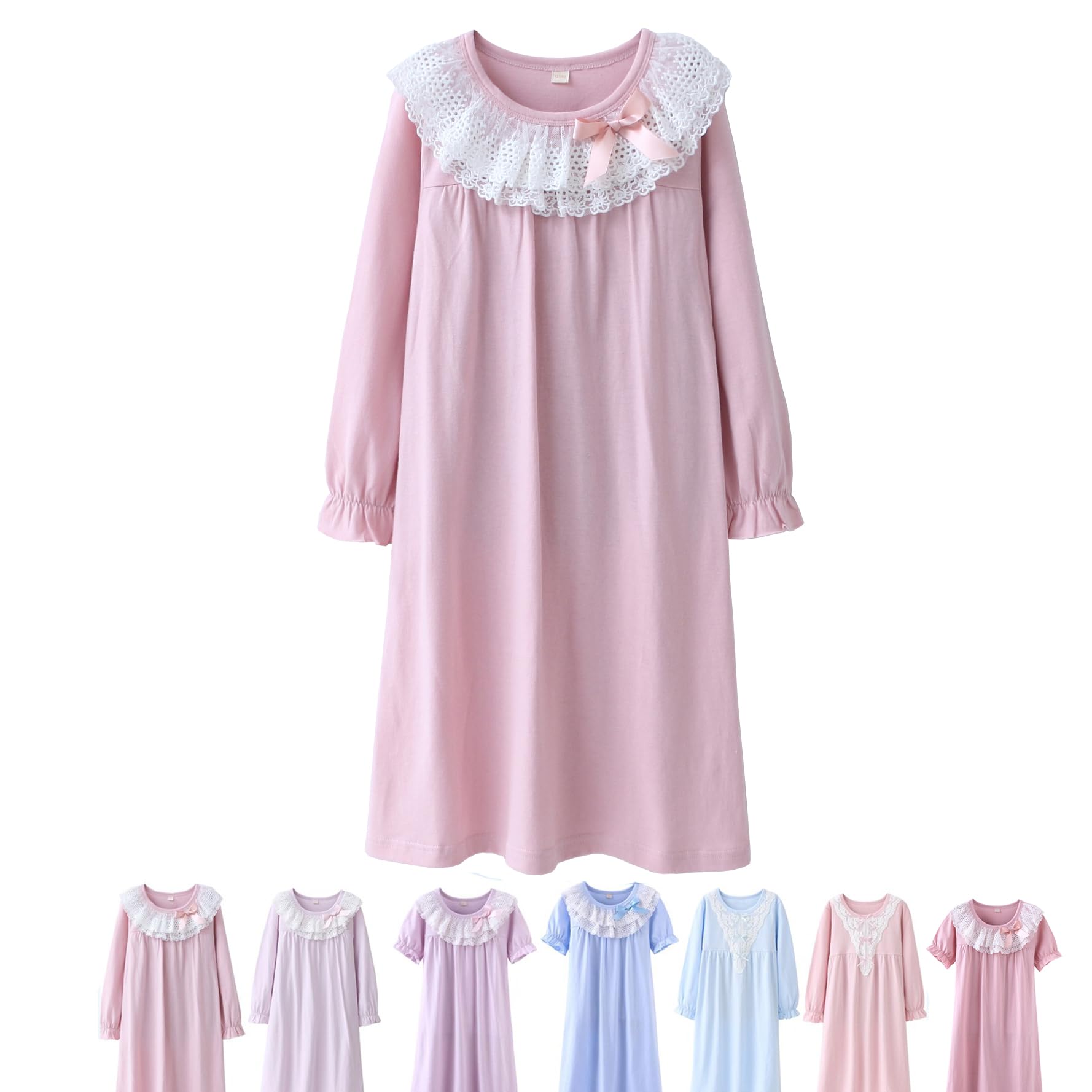 ABALACOCO Cotton Nightgown for Girls Short Long Sleeve Pajamas Dress Princess Kids Toddlers Pretty Lace Loose Sleepwear Dress