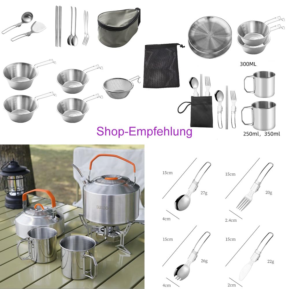 21/9 Teiliges Camping Geschirr Set Edelstahl, Picknick Camping Besteck Set, Outdoor Reisebesteck aus Edelstahl mit Messer, Gabel, Löffel für Reisen, Wandern (21, Grün)