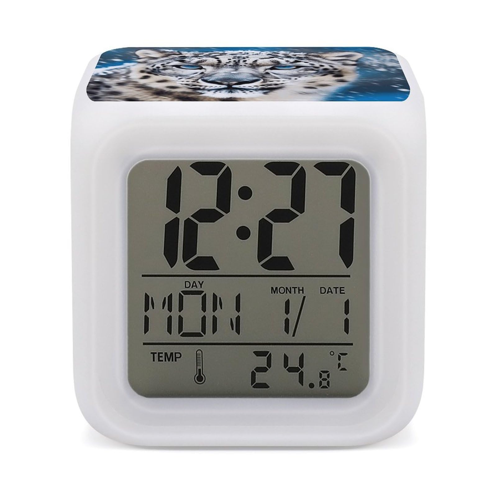 VstaDank Blue Eyed Snow Leopard Digital Alarm Clock LED Display Screen Color Change Alarms Clock Smart Alarm Clock Wake Up Digital Clocks with 7 Color Nightlight for Bedroom