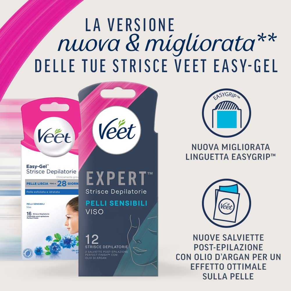 Veet Expert Strisce Depilatorie Viso, Ceretta per Pelli Sensibili con Olio di Mandorla, Dermatologicamente Testate, 72 Strisce (6x12 Strisce) + 12 Salviette Post-Epilazione con Olio D'Argan