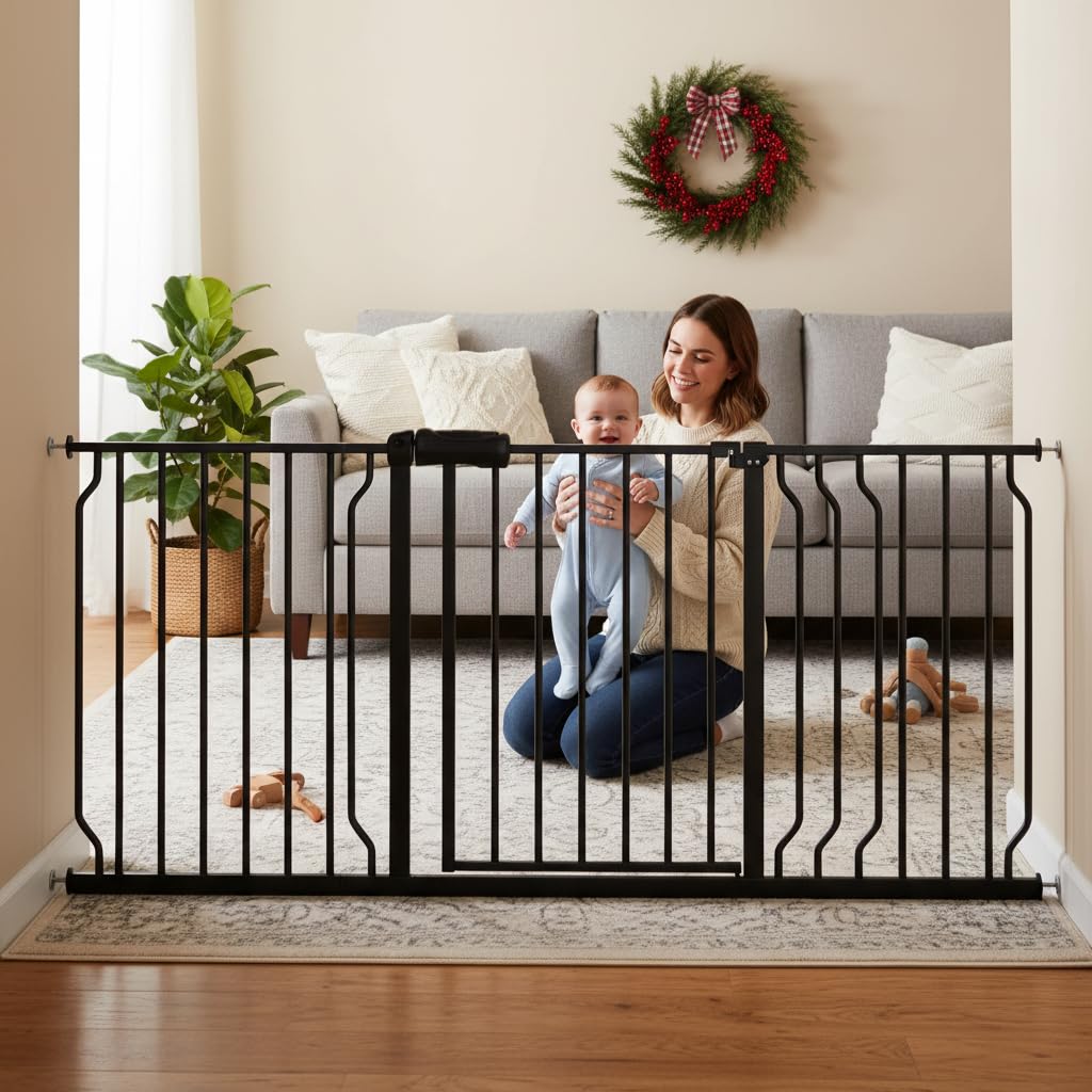 Foreng Extra Wide Baby Gates for Doorways 52.76"-62.20" Extra Wide Baby Gate Dog gate Pressure Mounted No Drilling with Walk-Through, Auto-Close &