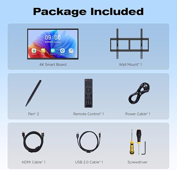 MWE Touchscreen Interaktive Whiteboard, 55 4K UHD Smart Board, Electronic Whiteboard with 20-Point IR Touch & 12MP Camera, All in One Smartboard for Classroom Office Home(Wall Mount)