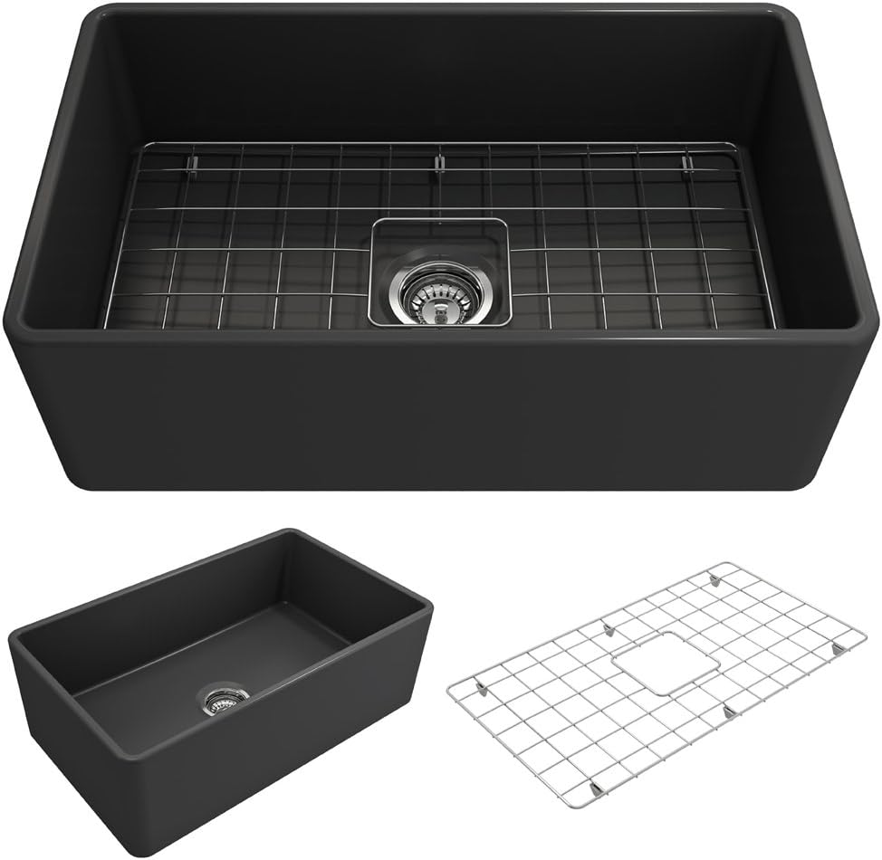 BOCCHI Classico Farmhouse Apron Front Fireclay 30 in. Single Bowl Kitchen Sink with Protective Bottom Grid and Strainer in M.Dark Gray