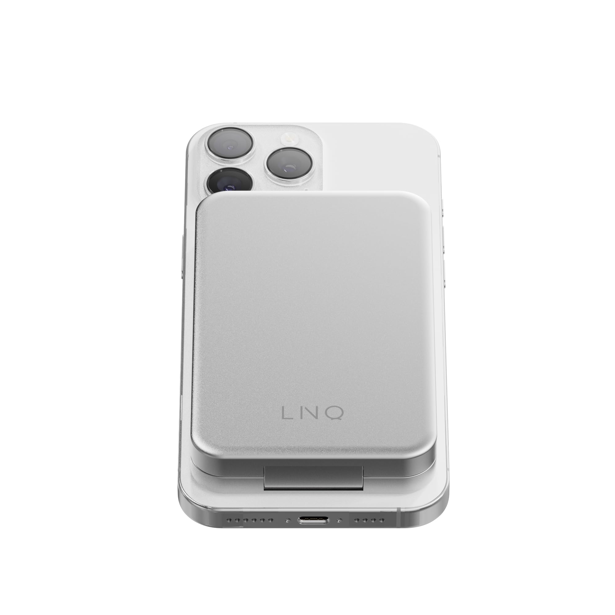 LINQ by Xtorm 3 w 1, magnetyczny bezprzewodowy bank i stojak 8000 mAh 20 W USB-C PD + wielokrotne ładowanie bezprzewodowe z recyklingu aluminium premium składany stojak do iPhone Watch AirPods srebrny