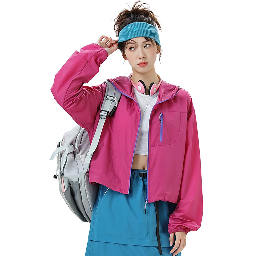 UPF 50+ Sun Protection Jacket Stylish Cropped Sunscreen Top for Women Ultra-light Quick Dry Hoodie with Back Air Vent & Chest Zip Pocket, Water-Proof UV Coat for Outdoor, Hot Pink, L