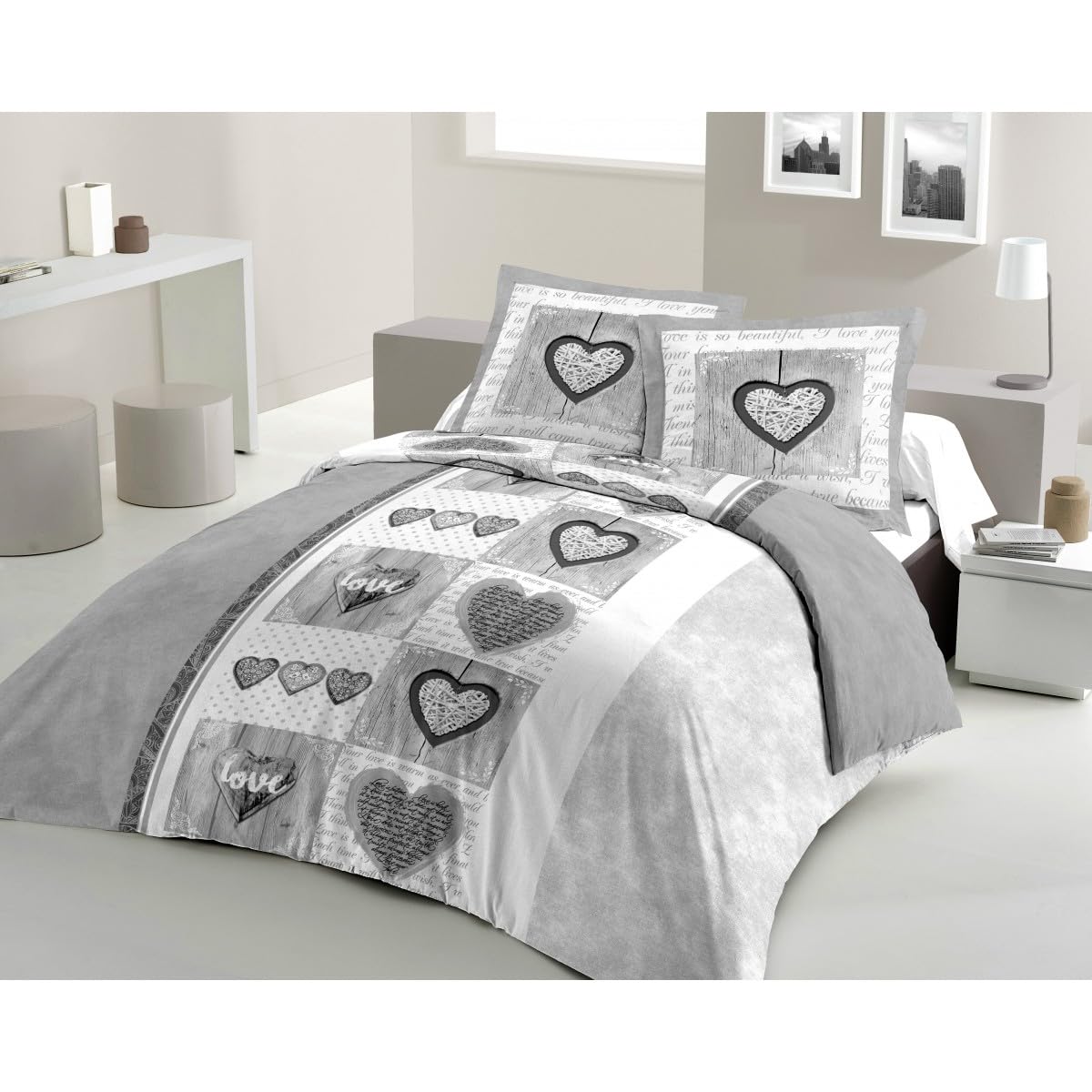 Parure de couette coton Sweet Heart gris 240x260cm housse de lit bicolore