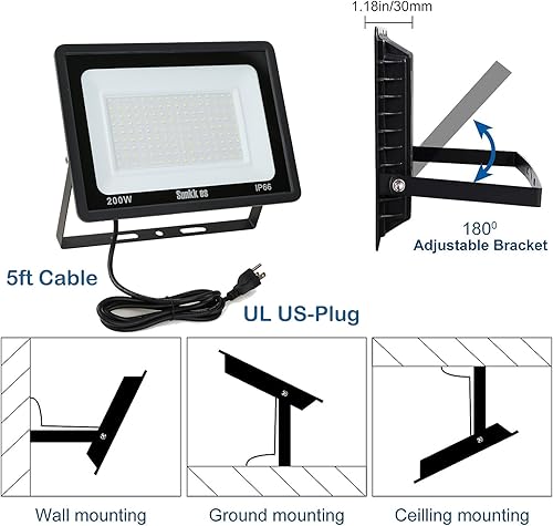Miniatura 4 de Sunkkes Paquete de 3 luces de inundación LED de 200 W, impermeable IP66 para exteriores, luz de seguridad brillante de 24000 lúmenes, lámpara