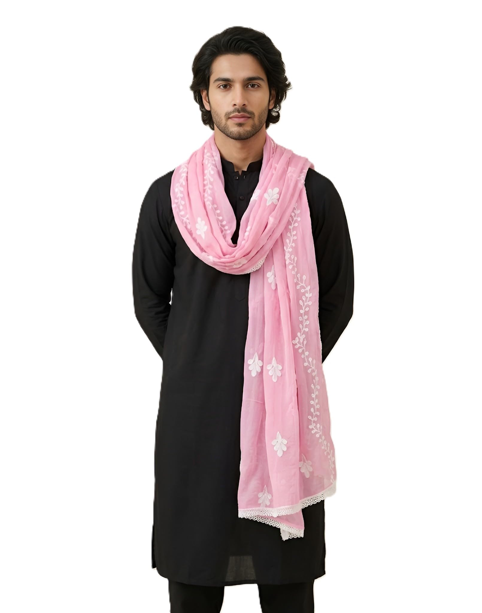 muffly Men's Embroidered Nazneen Chiffon Dupatta with All Over Floral Buti Work and Elegant Border | Lightweight Dupatta for Kurta Sherwani-picture-23