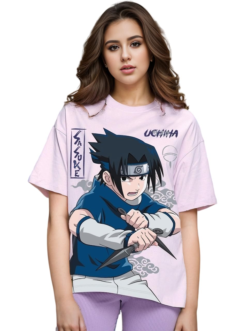 hikabae Sasuke Womens Oversized T-Shirt | Half Sleeve | Loose fit Graphic Printed | 100% Cotton | Purple Color Women Oversized T-Shirts-picture-30