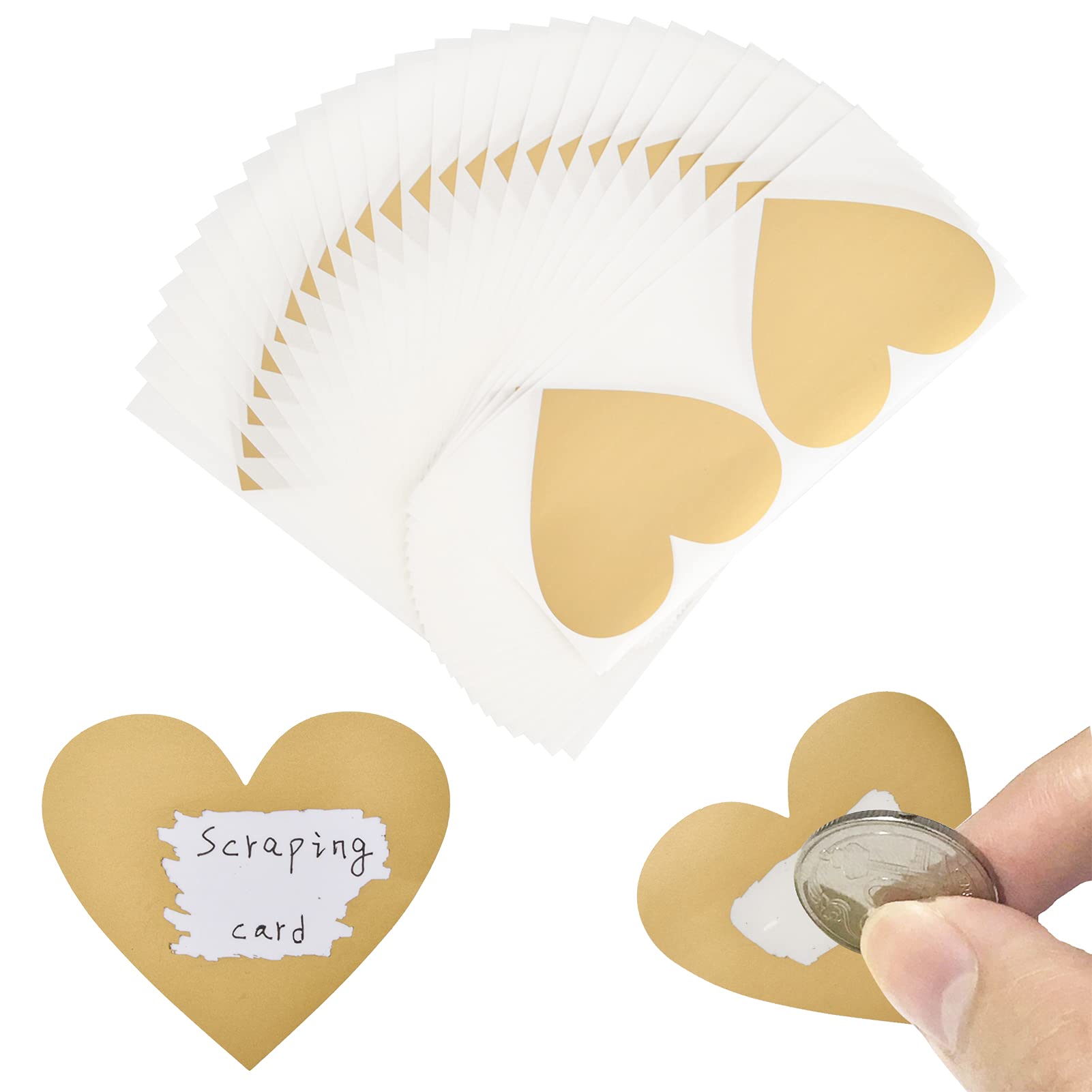 AINIUNIU 50 piezas Oro Rascar Etiquetas Pegatinas, Tarjeta Rasca Adhesivas Pegatinas Forma de Corazón, para Álbum de Recortes Juegos, Cumpleaños, Bodas, San Valentín y Aniversarios