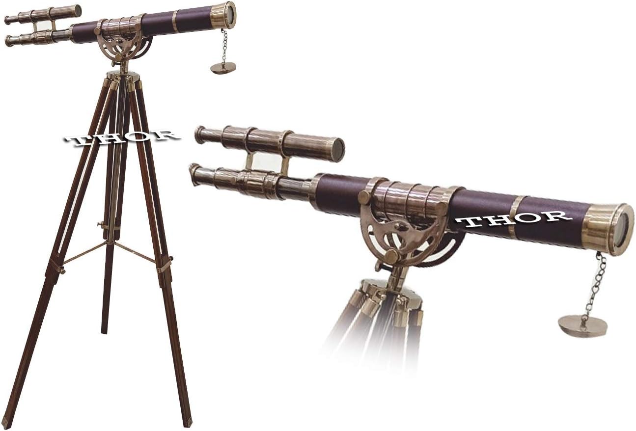 Antique Double Barrel Nautical Telescope Brown Leather On Tripod Home Decor Rustic Vintage Home Decor Gifts