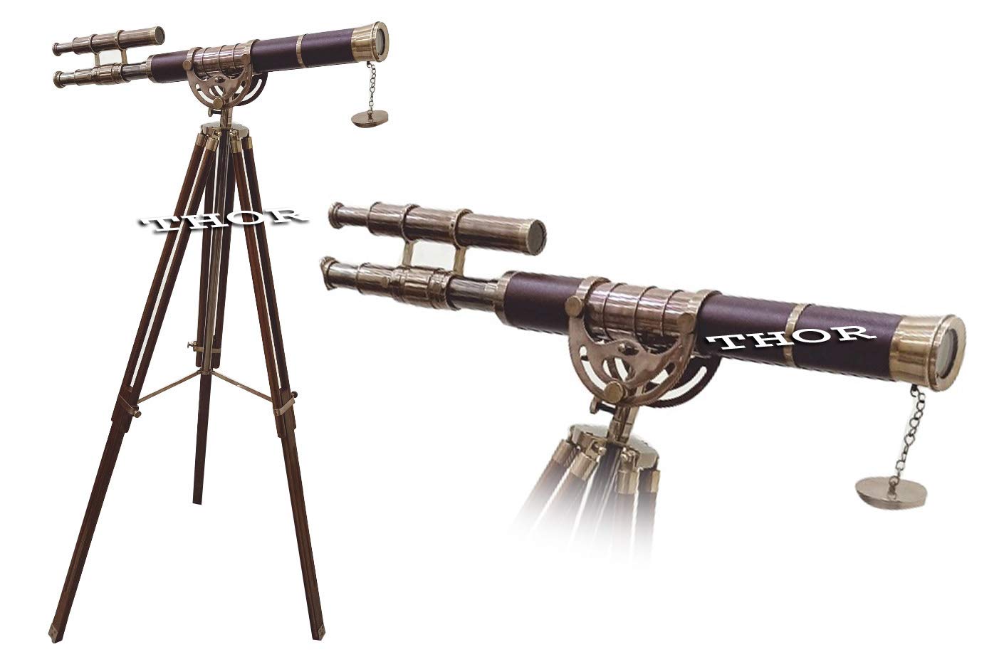 Antique Double Barrel Nautical Telescope Brown Leather On Tripod Home Decor Rustic Vintage Home Decor Gifts