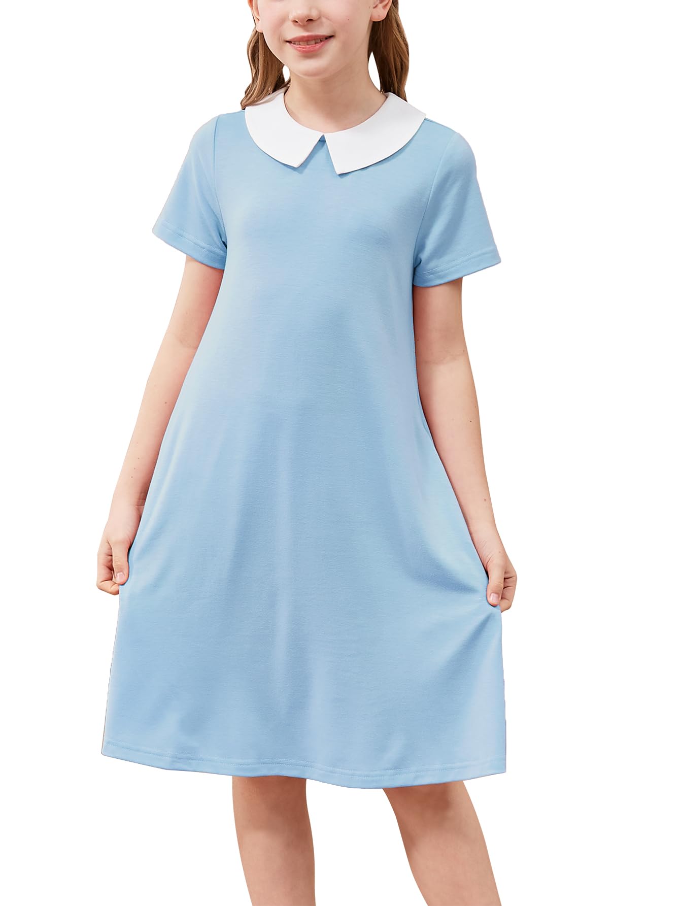 GORLYA Girls Peter Pan Collar Vintage Casual Loose Straight Swing T-Shirt Dress with Pockets 4-14Y