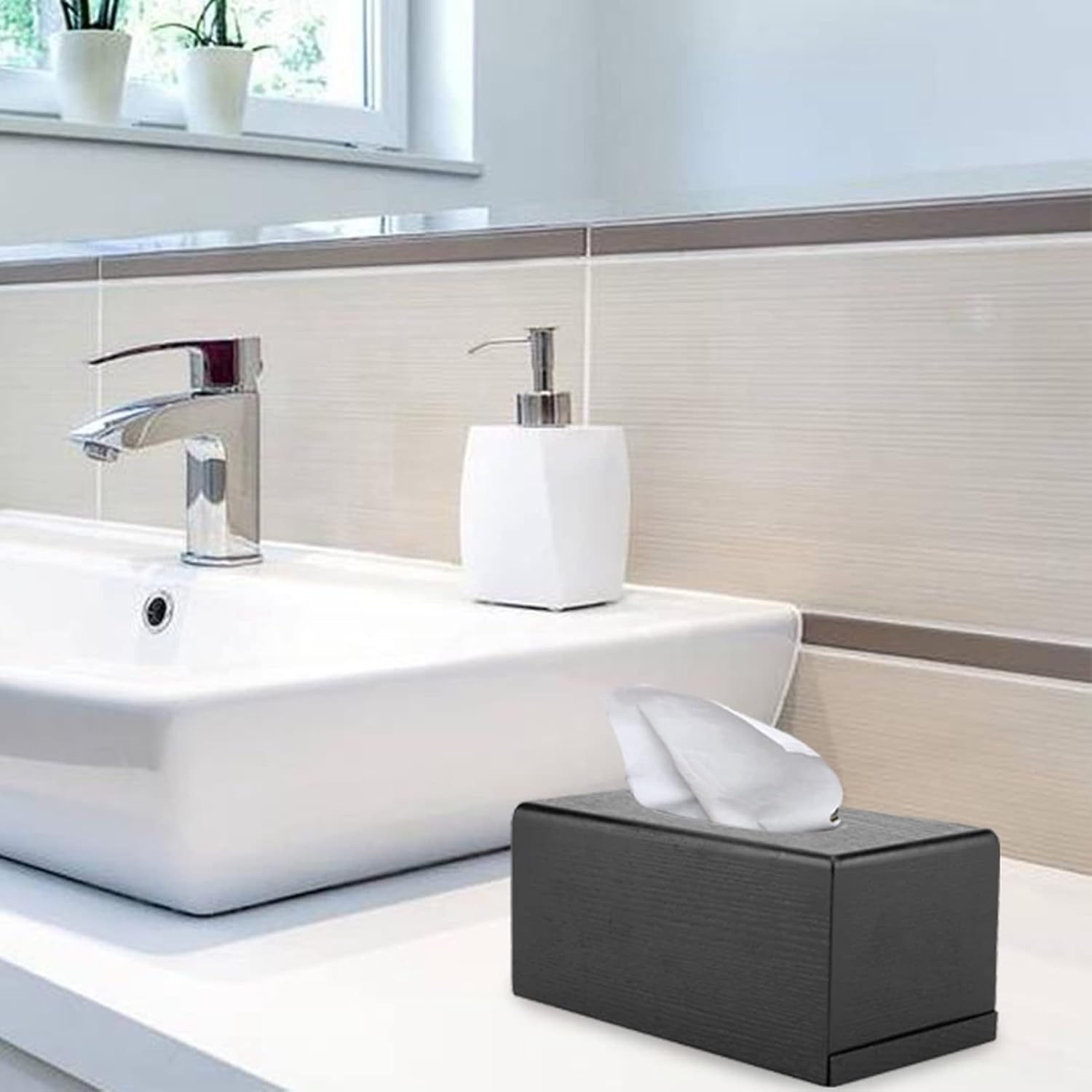 Rectangular Tissue Box, Black Wood Tissue Box Cover Holder Decorative Tissues Paper Napkin Holder for Living Room Bedroom Kitchen