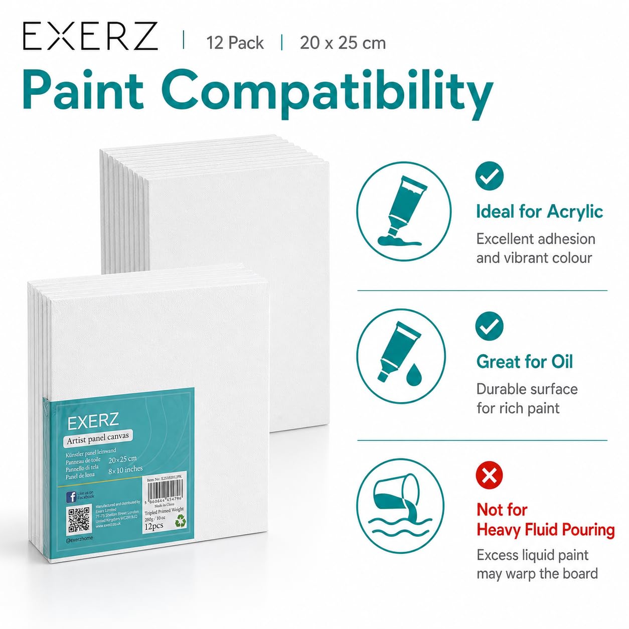 Exerz Pannelli in Tela 100% Cotone 25x20cm 3mm 280gsm 12pz Bianca per Pittura