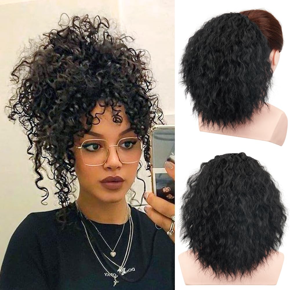 PORSMEER Short Black Curly Ponytail Extension Drawstring Ponytail,8 Inch Messy Hair Piece for Updos Natural Looking Synthetic Hair Afro Kinky Curly Pony Tails for Women