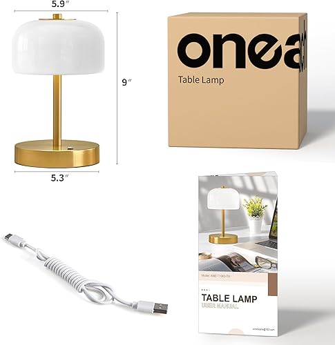 Miniatura 9 de Oneach Lámpara de mesa inalámbrica de 9 pulgadas, lámpara recargable dorada con pilas, lámparas táctiles de atenuación continua de 3 vías, luz de