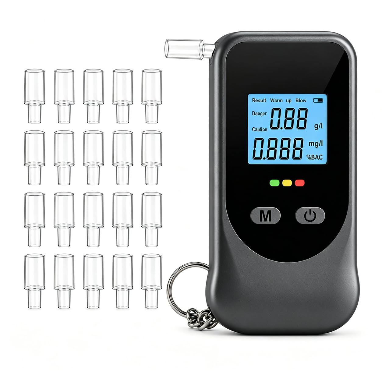 Alkoholtester, Breathalyzer mit 20 Mundstücken, Speicher und Schlüsselring
