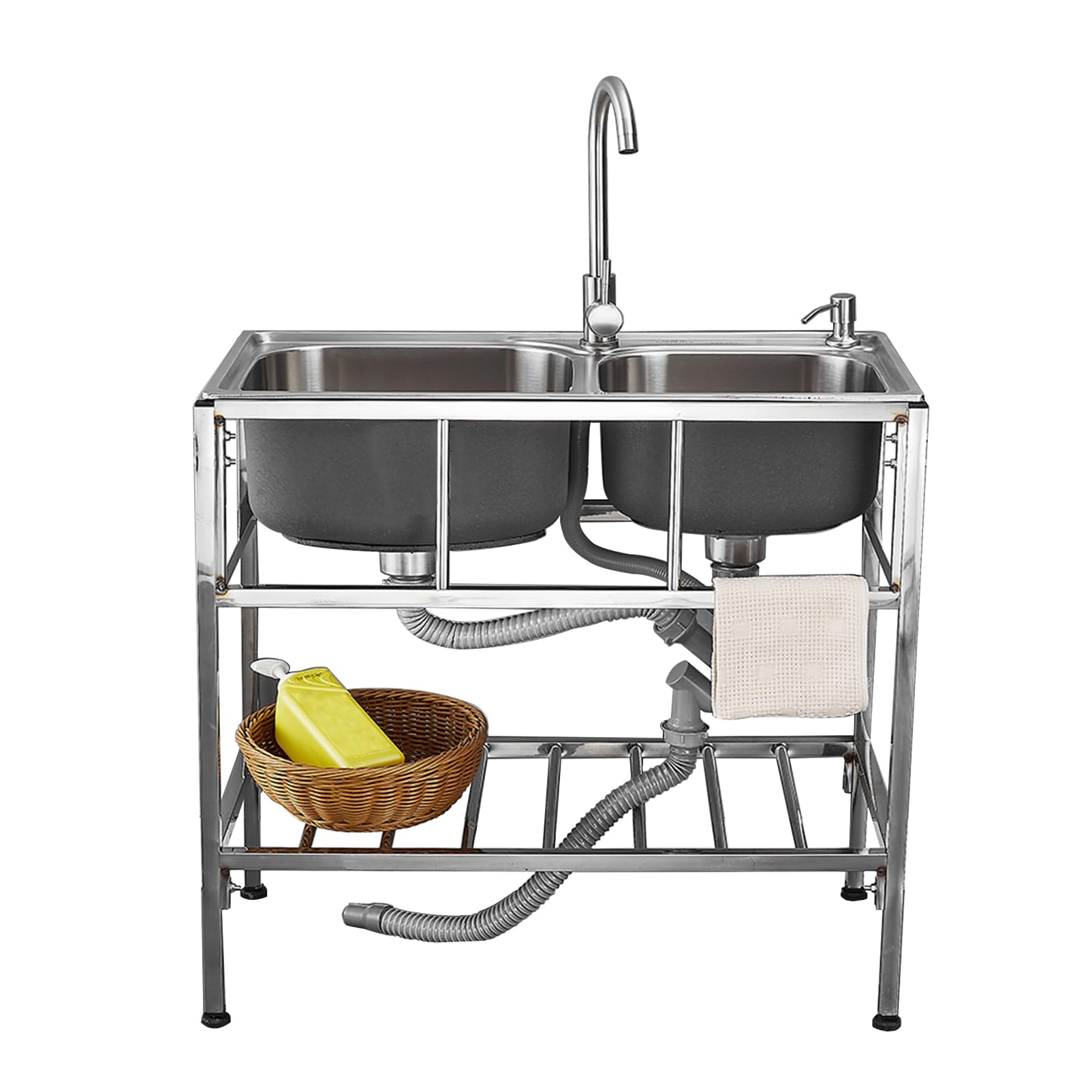 ZQFHSX Stainless Steel Freestanding Sink Commercial Double Bowl with Faucet and Stand, Useful Mobile Outdoor for Restaurant Laundry Shop