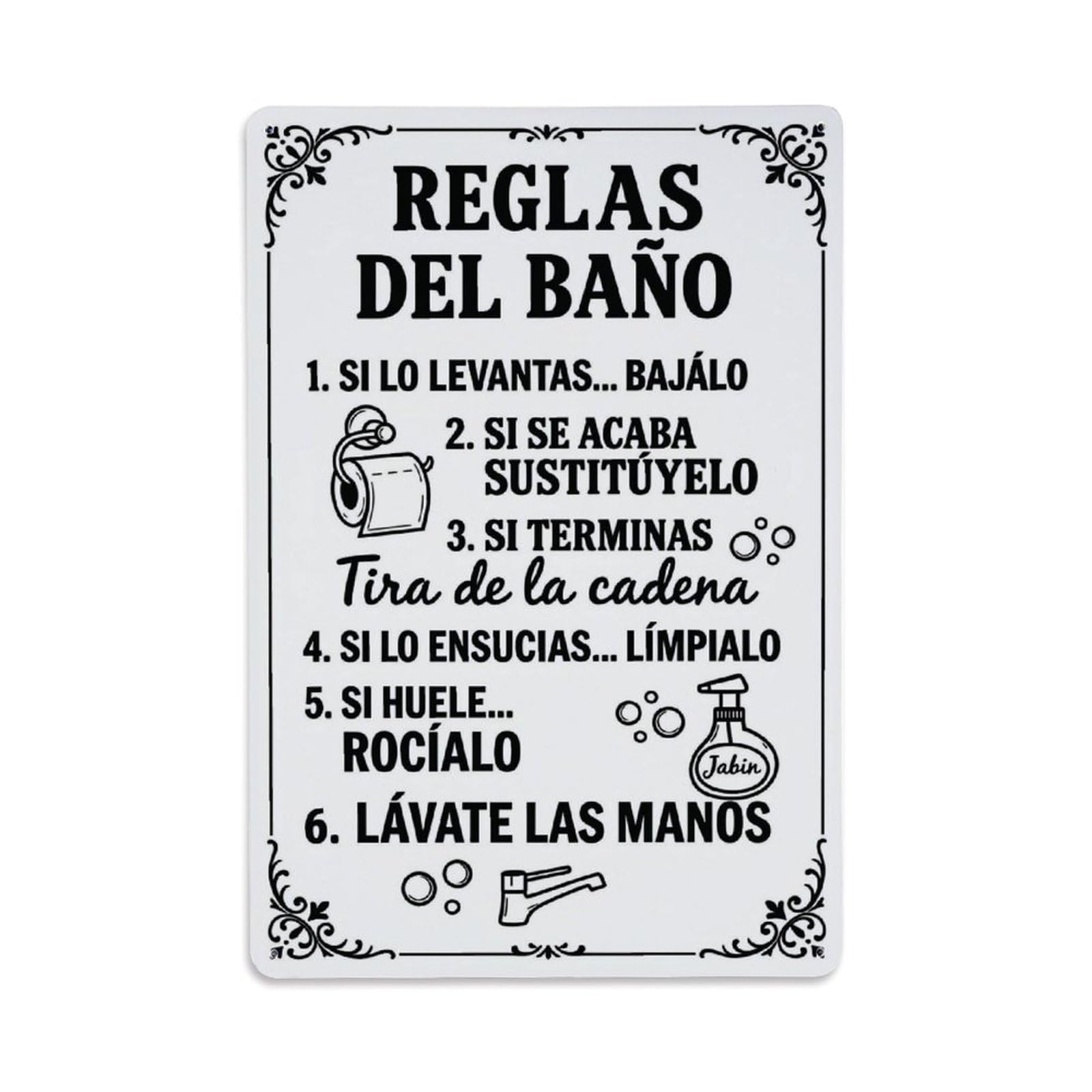 Spanish Reglas Del Baño Bathroom Rules Sign Vintage Aluminium Metal Sign, Retro Wall Decor for Home, Bar, Garage & Farmhouse 30x20cm