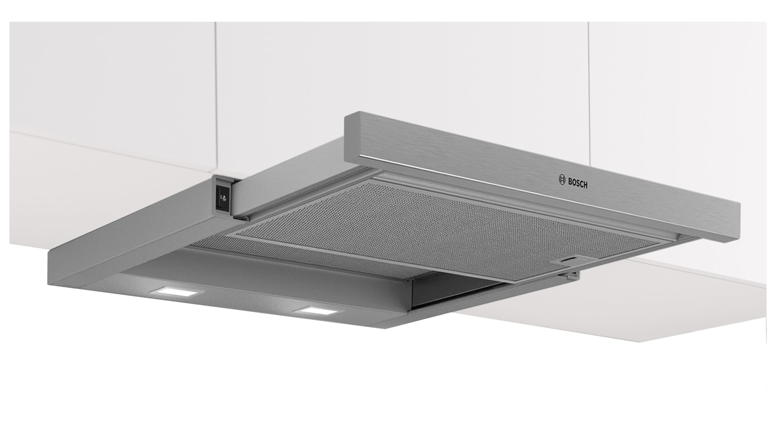 Bosch DFM064W55 Serie 2 Flachschirmhaube, 60 cm, Made in Germany, 3 Leistungsstufen, LED-Beleuchtung, Abluft- und Umluftbetrieb, zwei Metallfettfilter spülmaschinengeeignet, Silber